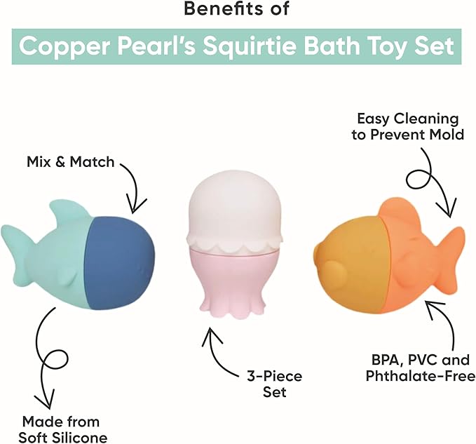 Copper Pearl 3-Piece Squirtie Bath Toy Set: Mix-and-Match Water Squirters, Safe Silicone Floating Bath Toys for Babies and Toddlers, Enhances Fine Motor Skills, Easy Clean, Ages 9m+