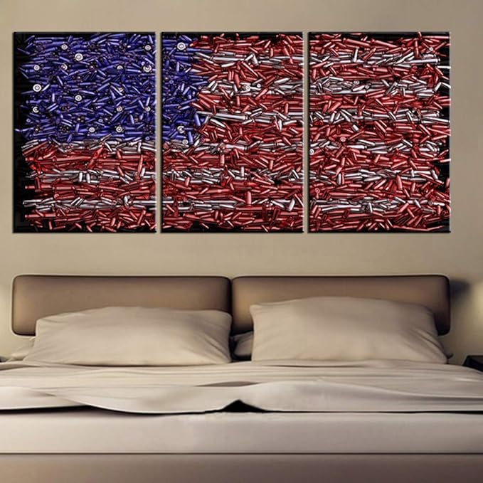 Native United States Paintings USA Flag Formed Out of Bullets Picture 3 Piece Canvas Wall Art for Living Room Home Decor Giclee Contemporary Print Artwork Framed Stretched Ready to Hang(60''Wx28''H)