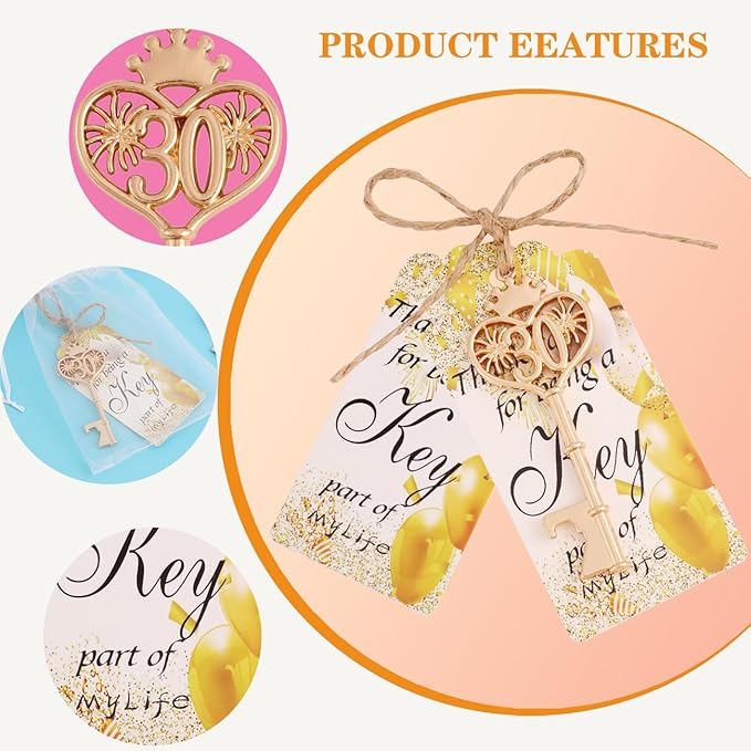 24pcs 30 Birthday Party Favors Key Bottle Opener, 30th Beer Opener Keychain Favors for Guests with Organza Bags and Tags,Beer Keychain Bottle Openers for Birthday Party Decoration Supplies (gold-30)