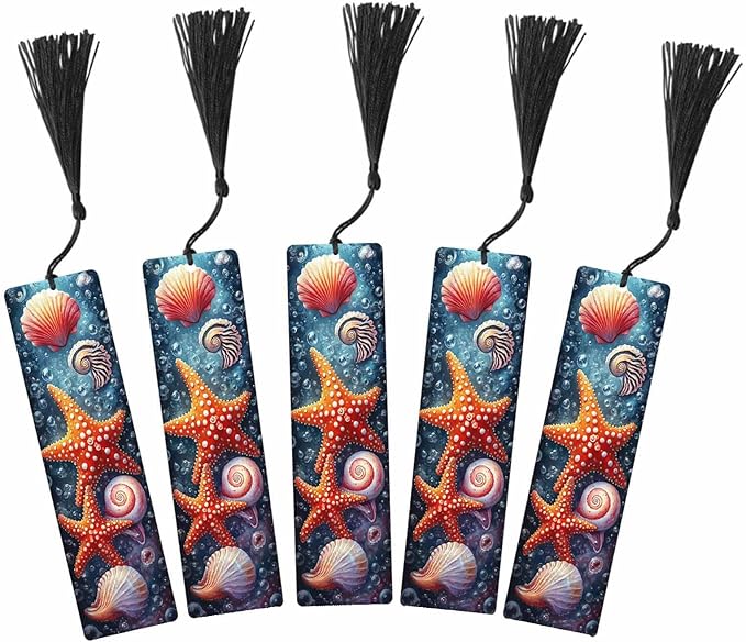 Shells Starfish Bookmarks Set 5 with Tassels Beautiful Sea Bubbles Nature Theme Wooden Bookmarks for Reading Women Men Students Teachers School Supplies