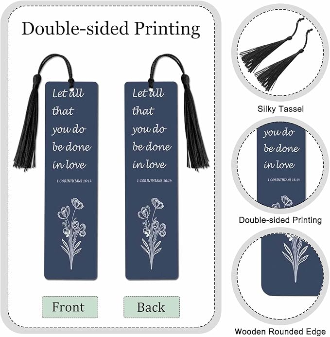 Flower Love 5 Pcs Bookmarks Bible Verses Dark Blue Wooden Bookmarks with Tassel for Students Reader Teachers Book Lovers