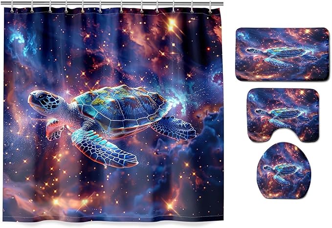 Sea Turtle Shower Curtain - 4 Pcs Kids Shower Curtain Set Turtle Bathroom Accessories with Rug,Toilet Cover and Bath Mat with 12 Hooks