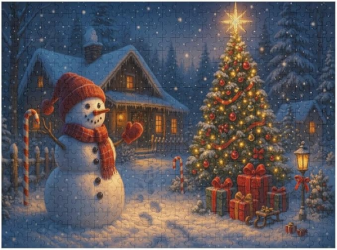 Christmas Tree Snowman 1000-Piece Wooden Jigsaw Puzzle, Holiday Puzzle, Christmas Tree and Snowman Scene, Relaxing Indoor Activity, Family Entertainment, Mindful Leisure
