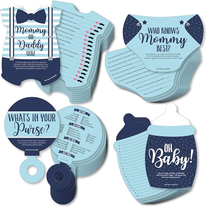 Big Dot of Happiness Baby Boy - 4 Blue Baby Shower Games - 10 Cards Each - Who Knows Mommy Best, Mommy or Daddy Quiz, What’s in Your Purse and Oh Baby - Gamerific Bundle