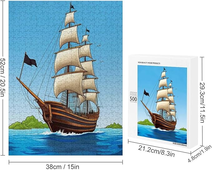 Puzzles for Adults 500 Pieces Wooden Jigsaw Puzzle - Sail Ship Pirate Sea Island Theme Puzzle，Party Games，Family Toys，Educational Puzzles，Stress Relief Wooden Puzzle，Gifts for Family and Friends