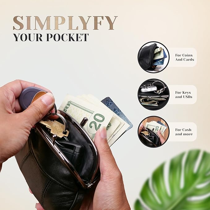 Leather Impressions Small Coin Purse for Women & Men - Genuine Leather Change Purse 5.24 x 4.41 x 1.61- Mini Twist Clap Black Coin Pouch for Credit Card & Keys, Best Gift for Men,Women & Kids