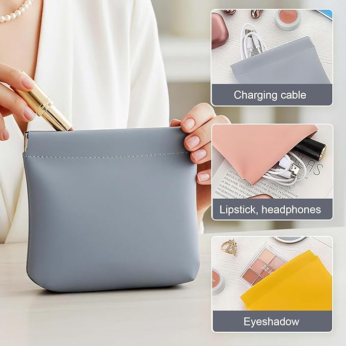 4PCS Leather Pouch, 2026 New Snap Closure Leather Organizer Pouch Self-Closing Mini Cosmetic Bag for Purse, Jewelry Eyeglasses Travel Accessories