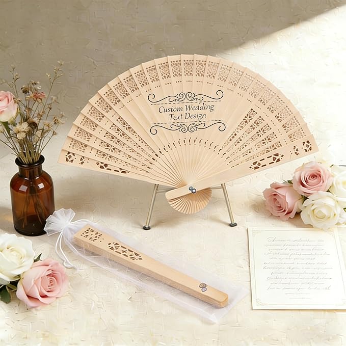 MOSADO Personalized Wedding Fans for Guests, Custom Foldable Sandalwood Fans Bulk with Organza Bags and Tassels, Unique Bridal Shower Party Favors Wedding Favors for Guests (50)