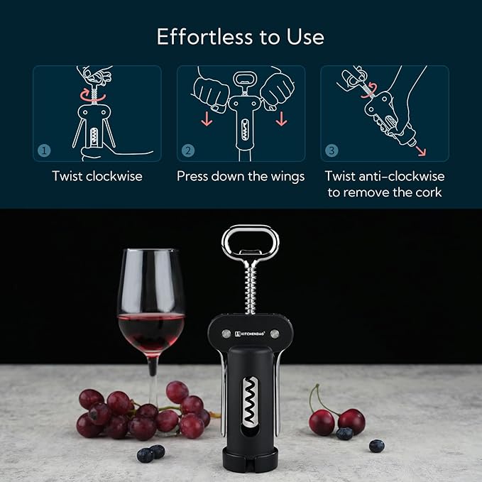 KITCHENDAO 3 in 1 Wing Corkscrew Wine Bottle Opener with Foil Cutter, Built-in Beer Bottle Opener, Multifunctional Wine Opener with Non-Stick Sharp Screw, Easy to Use, Manual Wine Corkscrew, Black