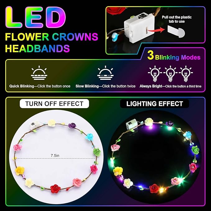 Valentines Day Gifts, 54 PCS New Year LED Flower Crowns Headbands, Light Up Flower Crowns For Women, Glow in the Dark Headband for Wedding Reception Mardi Gras Cosplay Princess Party Favors