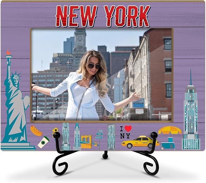 Lesixur New York Photo Frame with Iron Stand, Wedding Honeymoon Vacation Souvenir Gift for Couples Friends, 4x6 Wooden Picture Frame for Tabletop Desktop Display, Home Table Decor -045