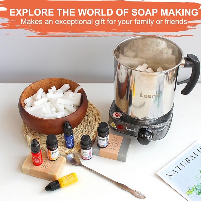 Leerie 3.6Lbs Soap Making Kit with Electronic Hot Plate, 1.6 Lb Glycerin Soap Base, Pouring Pot, Silicon Mold, Spoon,3 Essential Oils for Soap Making,3 Liquid Dyes, Melt & Pour Soap DIY Kits SMK500
