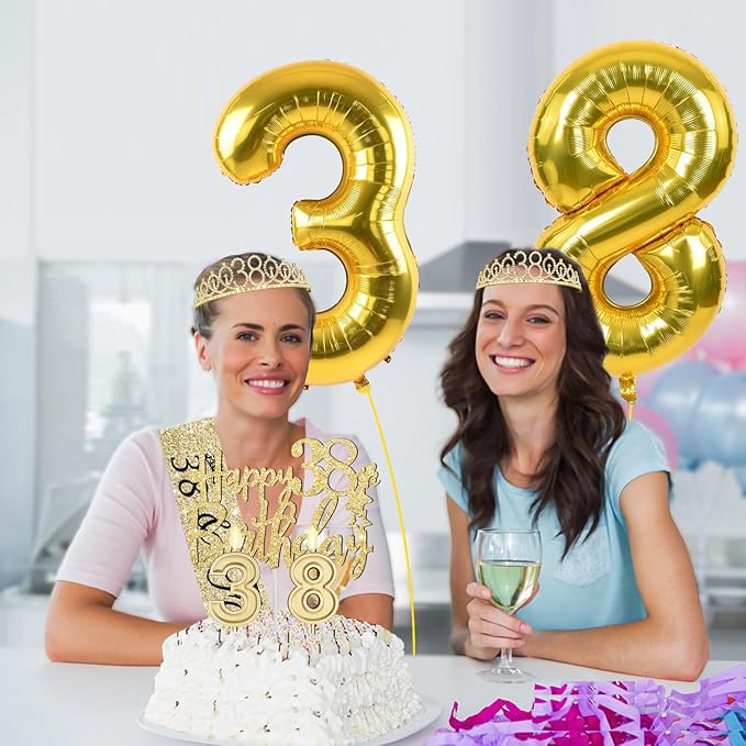 38th Birthday Decorations for Women Gold with 38th Birthday Sash and Tiara, Cake Topper and Candles, Number Balloons, 38 Year Old Gifts for Women