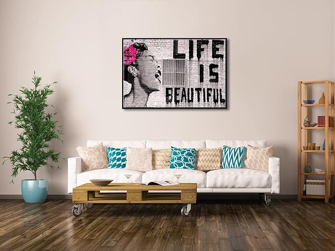 Wieco Art Framed Art Canvas Prints of Banksy Life is Beautiful Abstract Artwork for Wall Decor Black Frame