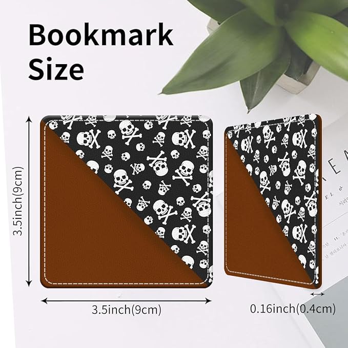 Cute Leather Bookmarks, Fun Triangle Making Corner Bookmark, Book Accessories for Reading Book Lovers, Unbreakable Page Markers for Women Men Cool Skull Pattern