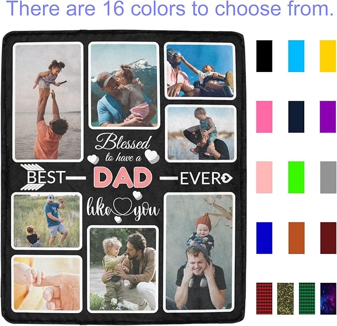 Custom Blanket Gifts for DAD, Customized Blankets with Photos, Make a Personalized Bed Throws to My DAD for Fathers Day, Custom Souvenir Throw Blanket for Best DAD Ever, 8 Collages Made In USA