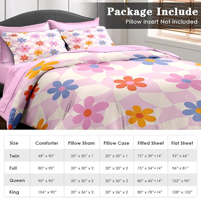 Comforter Set King Size, Retro Daisy Pink 7 Pcs Bedding for Kids and Adults, Hippie Aesthetic Kids Bed Sheet Sets with Fitted Sheet 2 Pillowcases & 2 Shams for Bedroom Bed Decor