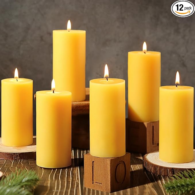 12 Pack Natural Beeswax Pillar Candles,100% Pure Beeswax Candles-420 Hours Long Burning,Unscented Bees Wax Candle for Home,Prayer,Emergency,Dripless Smokeless Organic Pillar Candle