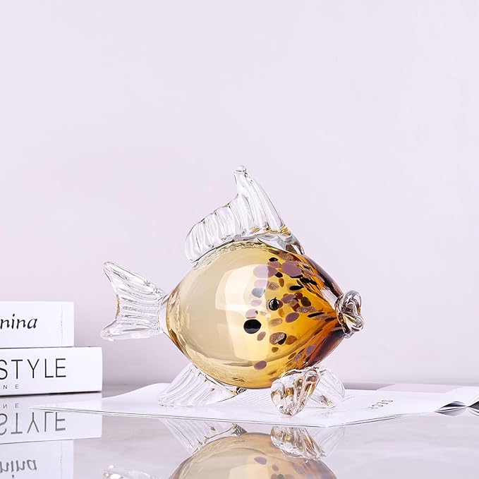 Amber Gold Blown Glass Fish Figurine – Handcrafted Art Glass Animal Sculpture, Ocean Coastal Home Decor, Elegant Ornament for Tabletop or Bookshelf Display (H)