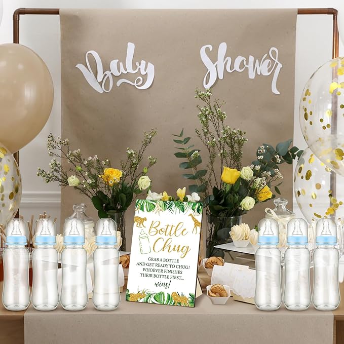 TrelaCo Safari Cool Baby Shower Games Bottle Chug Sign Wooden Jungle Animals Theme Gift Sets Gender Reveal Party Supplies and 12 Pcs Baby Bottle Shower Favor for Games Gender Reveal