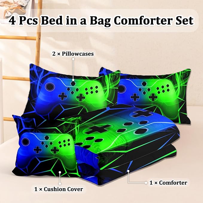 4 Pcs Gamer Full Bedding Set for Boys, Green-Blue Gaming Full Size Boys Comforter Set for Teens