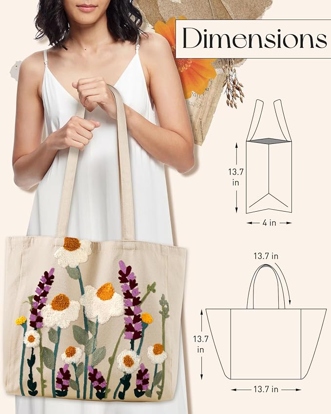 Miss Adola Aesthetic Embroidery Tote Bag for Women - Reusable Canvas Cute Shoulder Bag for Shopping, Grocery, Work, Book