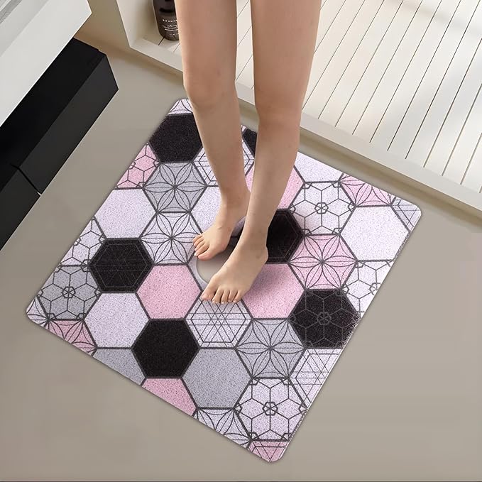 Square Shower Mat 23x23 Inch Non-Slip with Drain Hole, Shower Floor Mats for Bathroom, PVC Loofah Stall Mat, Secure Boho Bath Mats