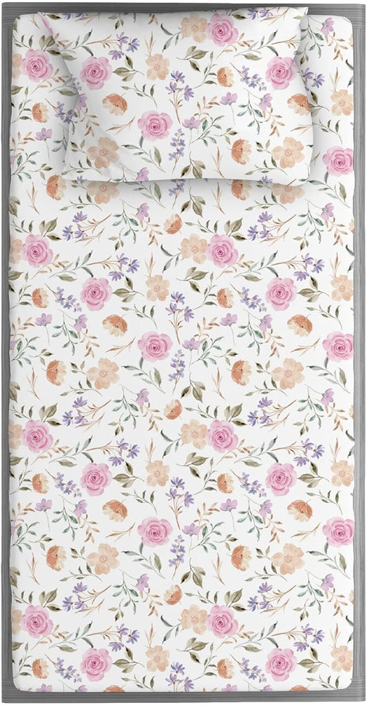 Kids Organic Viscose Derived from Bamboo Sheet Set | Twin or Full Size Fitted Bed Sheets | Oeko-Tex Certified | Cute Toddler Bedding for Girls & Boys Flower Twin