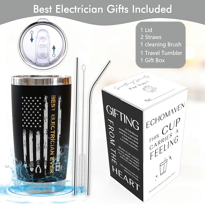Electrician Gifts for Men - 20oz Electrician Tumbler with Best Electrician Ever & Funny Hourly Rate Design, Complete with Gift Box | Gifts for Electricians Men