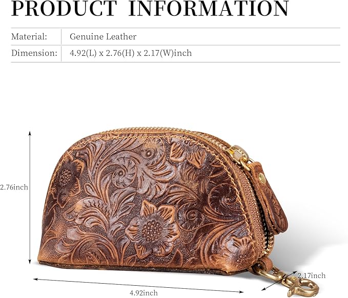 Gexmil Genuine Leather Coin Purse with Zipper, Full Grain Leather, Mini Coin Pouch for Women Men, Change Wallet,Floral Brown