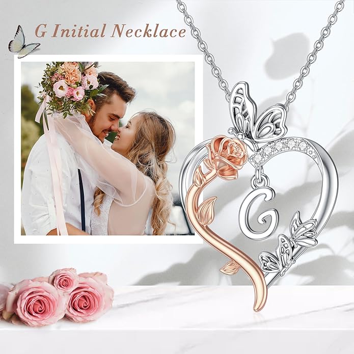 TOUPOP Rose Heart Necklaces Gifts for Women 925 Sterling Silver Butterfly Heart Initial Necklace Anniversary Valentines Day Birthday Jewelry Gifts for Mom Her Wife Girlfriend Daughter