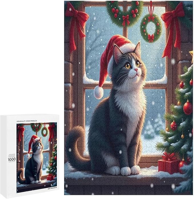 Jigsaw Puzzles for Adults 1000 Piece - Christmas Black Cat Wooden Puzzles, Puzzle Games, Stress Relief Games, Funny Puzzles，Unique Gifts for Wall Art