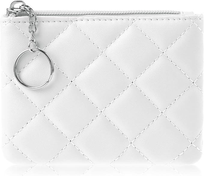 Real Leather Coin Purse with Rhombus Embroidery Zipper Keychain Mini Wallet for Women & Men (White)