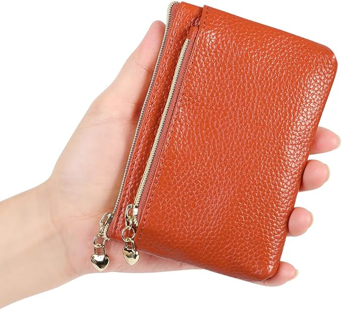 Women's Genuine Leather Coin Purse Zipper Pocket Size Pouch Change Wallet, Brown