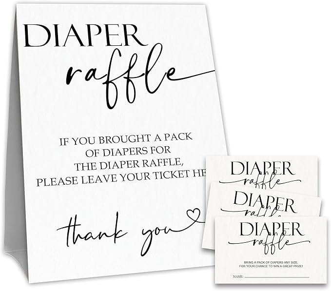 Baby Shower Diaper Raffle Game Set,White Baby Shower Game Kit,Minimalism Theme1 Standing Sign & 50 Raffle Tickets,Baby Announcement,Gender Reveal Party Decorations & Supplies-A11