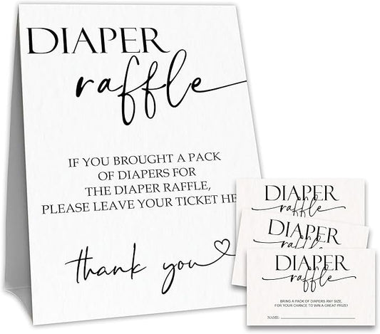 Baby Shower Diaper Raffle Game Set,White Baby Shower Game Kit,Minimalism Theme1 Standing Sign & 50 Raffle Tickets,Baby Announcement,Gender Reveal Party Decorations & Supplies-A11