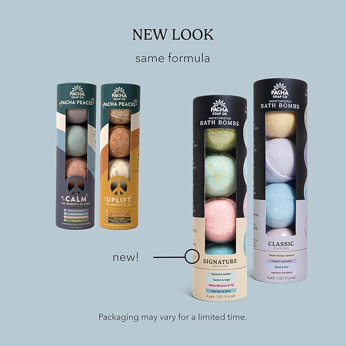 Pacha Soap Co. Bath Bombs - Moisturizing and Relaxing Aromatherapy Bath Bomb Set with Jasmine, Lavender, Sage, Peppermint, Dye Free Fizzy Bath Bombs for Adults, Made in The USA, 2-Pack (8 Pcs)