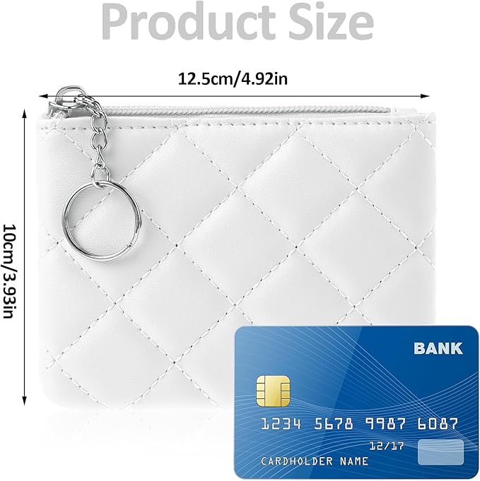 Real Leather Coin Purse with Rhombus Embroidery Zipper Keychain Mini Wallet for Women & Men (White)
