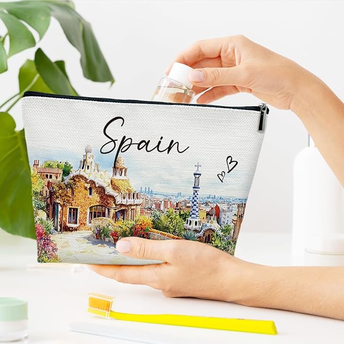 Spain Travelling Gift Makeup Bag, City Travel Cosmetic Bag for Purse, Watercolor Makeup Bags, Spain Souvenir, Trip Favors for Traveller Lovers, City Themed Organizer
