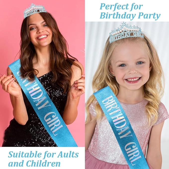 Blue Birthday Girl Crown and Sash, Pearl Birthday tiara, Blue Birthdays Decorations Set, Princess Crown Tiara for Women and Girls