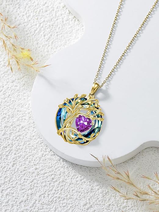 TOUPOP Tree of Life Birthstone Necklace 925 Sterling Silver Pendant Austrian Crystal Jewelry Anniversary Valentine's Day Birthday Gifts for Women Mom Her Wife