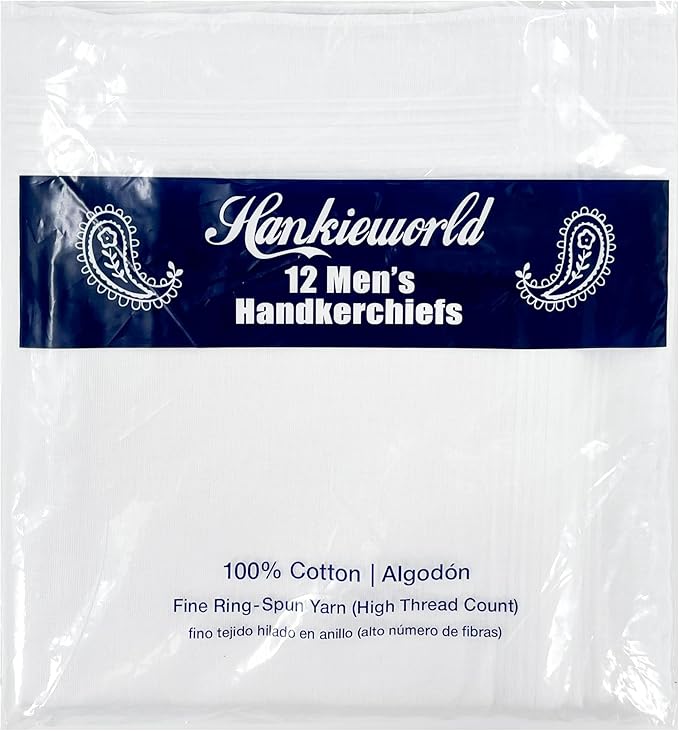 Mens White Handkerchief with Stripe,16" by 16” Soft Hankies (White 12)