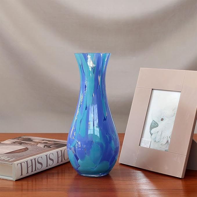 Ca D Oro Glass Vase Blue Confetti Effect Hand Blown Murano-Style Art Glass for Flower, Room Decoration and Centerpiece - Model Nº 83