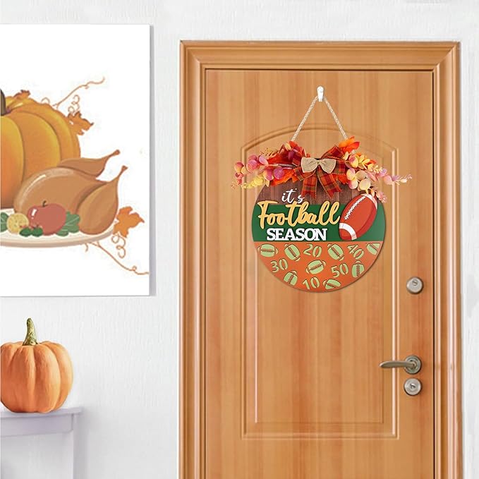 CHDITB Fall Football Sign for Front Door Porch, Rugby Football Season Round Wooden Sign, Fall Football Wreath Wooden Hanging Plaque, Farmhouse Maple Leaves Decor for Holiday Party Decoration