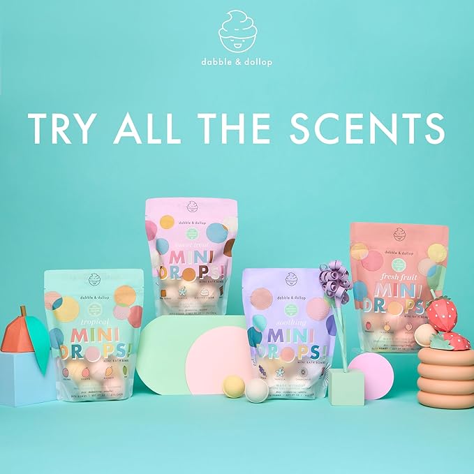 Dabble & Dollop Mini Bath Bombs, 100% Natural Droplets for Kids, Fresh Fruit Scents - Resealable Pouches, Fizzy, Moisturizing & Fun, Vegan, Gluten-Free, Cruelty-Free (Set of 24)