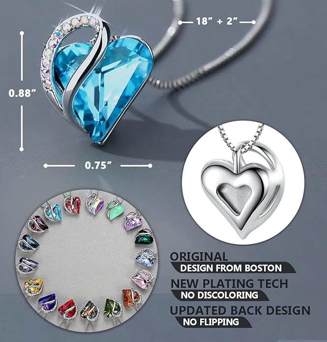Leafael Valentine's Day Gift Necklaces for Women, Infinity Love Birthstone Heart Crystal Pendant, Birthday Anniversary Jewelry for Wife, Mom, and Her, Silver Plated, 18" + 2" Adjustable Chain