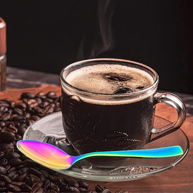 Rainbow Teaspoon Set of 6, 6 inches Mini Stainless Steel Silverware Dessert Spoons Espresso Spoons for Home, Kitchen, Restaurant, Mirror Finish and Dishwasher Safe
