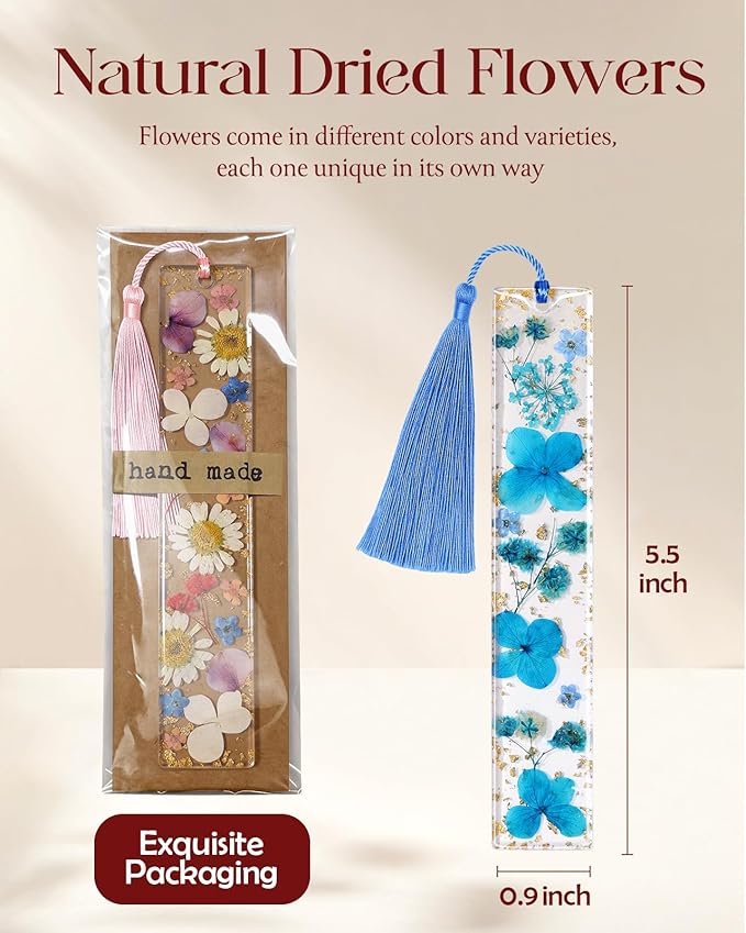 Buleens 2PCS Bookmarks for Women - Blue Book Marks for Readers Book Lovers, Personalized Handmade Dried Flower Resin Bookmark with Tassels, Pretty and Aesthetic