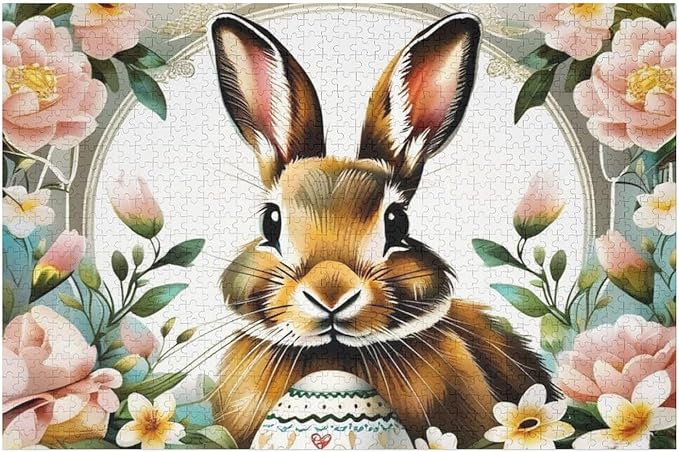 Wooden Puzzle - Easter Bunny with Flower Easter Egg Jigsaw Puzzles，Wooden Puzzles for Adults 1000 Pieces Challenge Puzzles，Educational Games，Family Puzzles，Unique Gifts for Wall Art