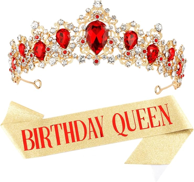 Red and Gold Birthday Queen Crown for Women Prom Queen Sash and Tiara Set Birthday Queen Sash and Crown Set for Women Red Rhinestone for Party Hair Accessories